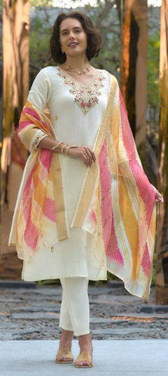 White and Off White color Salwar Kameez in Roman Silk fabric with Embroidered work