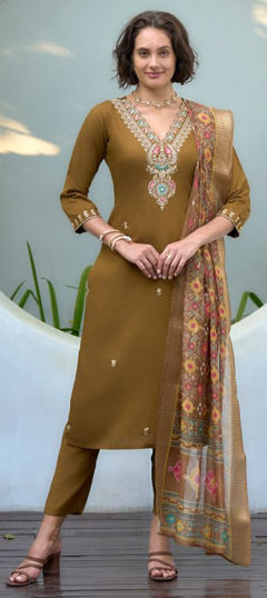 Beige and Brown color Salwar Kameez in Roman Silk fabric with Embroidered work