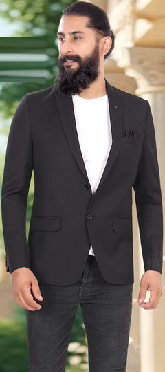 Black and Grey color Blazer in Rayon fabric with Thread work