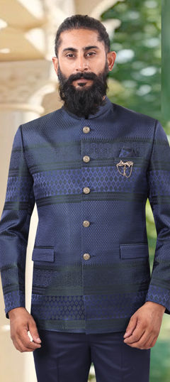 Blue color Blazer in Jacquard, Rayon fabric with Thread work