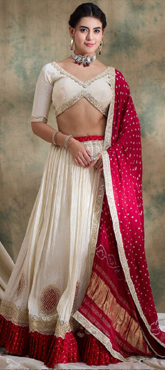 White and Off White color Lehenga in Viscose fabric with Bandhej, Bugle Beads, Embroidered, Patch, Printed, Sequence work