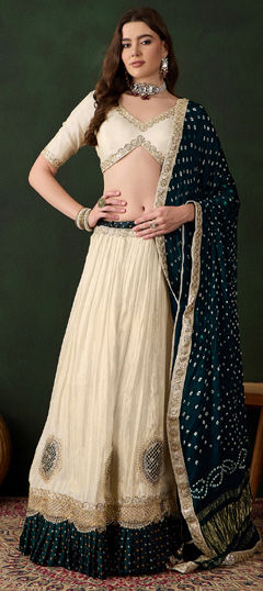 White and Off White color Lehenga in Viscose fabric with Bandhej, Bugle Beads, Embroidered, Patch, Printed, Sequence work