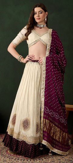 White and Off White color Lehenga in Viscose fabric with Bandhej, Bugle Beads, Embroidered, Patch, Printed, Sequence work