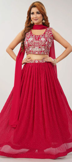 Red and Maroon color Ready to Wear Lehenga in Georgette fabric with Embroidered, Sequence, Thread work