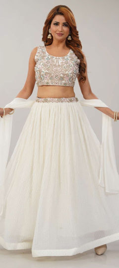 White and Off White color Ready to Wear Lehenga in Georgette fabric with Embroidered, Sequence, Thread work