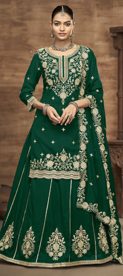 Green color Long Lehenga Choli in Silk fabric with Embroidered, Sequence, Thread work