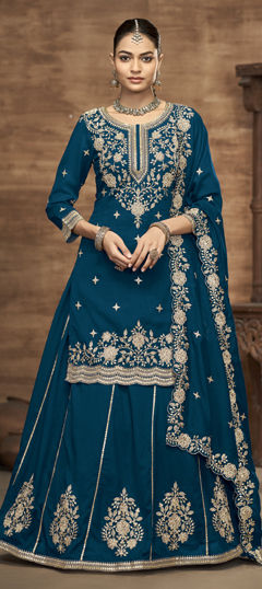 Blue color Long Lehenga Choli in Silk fabric with Embroidered, Sequence, Thread work