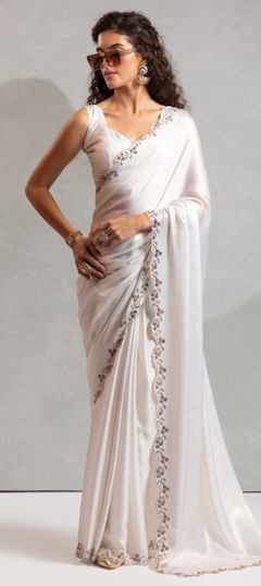 White and Off White color Saree in Georgette fabric with Foil Print, Zircon work
