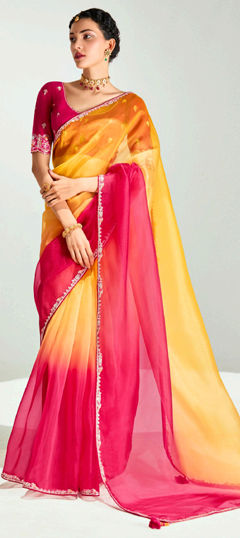 Pink and Majenta, Yellow color Saree in Organza Silk fabric with Embroidered, Lace, Stone, Thread, Zari work