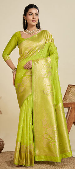 Green color Saree in Kanjeevaram Silk fabric with Weaving work