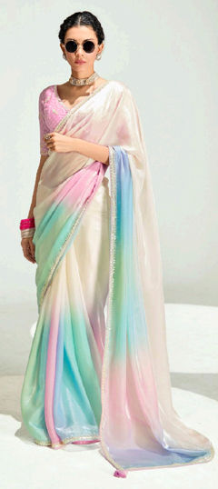 Multicolor color Saree in Organza Silk fabric with Embroidered, Lace, Stone, Thread, Zari work
