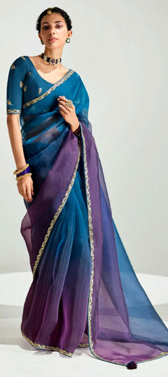 Blue, Purple and Violet color Saree in Organza Silk fabric with Embroidered, Lace, Stone, Thread, Zari work