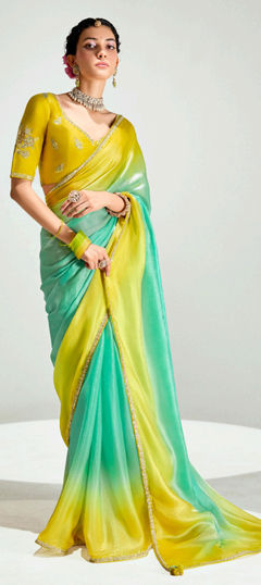 Green, Yellow color Saree in Organza Silk fabric with Embroidered, Lace, Stone, Thread, Zari work