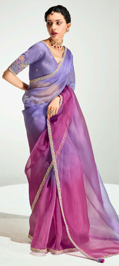 Pink and Majenta, Purple and Violet color Saree in Organza Silk fabric with Embroidered, Lace, Stone, Thread, Zari work