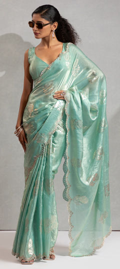 Blue color Saree in Organza Silk fabric with Zircon work
