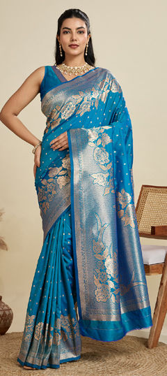 Blue color Saree in Kanjeevaram Silk fabric with Weaving work