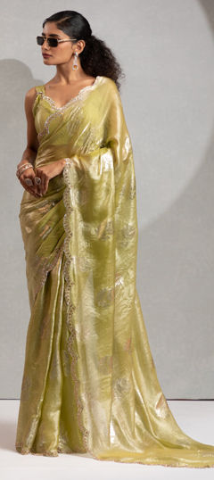 Green color Saree in Organza Silk fabric with Zircon work