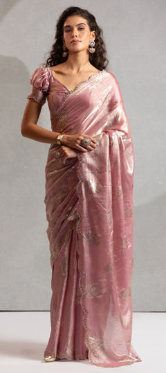 Pink and Majenta color Saree in Organza Silk fabric with Zircon work