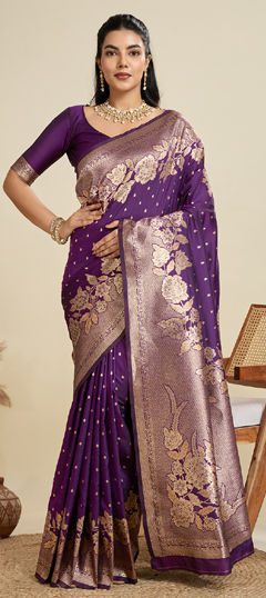 Purple and Violet color Saree in Kanjeevaram Silk fabric with Weaving work