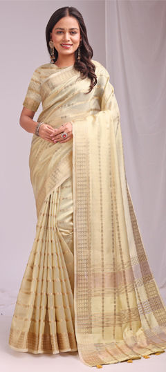 Gold color Saree in Organza Silk fabric with Weaving work