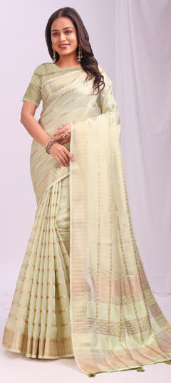 Green color Saree in Organza Silk fabric with Weaving work