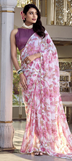 Pink and Majenta color Saree in Georgette fabric with Floral, Printed work