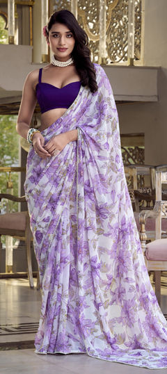 Purple and Violet color Saree in Georgette fabric with Floral, Printed work