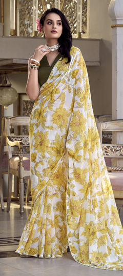 Yellow color Saree in Georgette fabric with Floral, Printed work