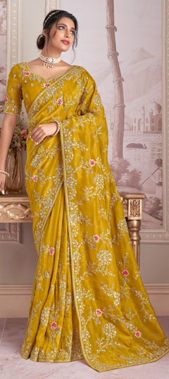 Yellow color Saree in Silk fabric with Embroidered, Sequence, Zari work