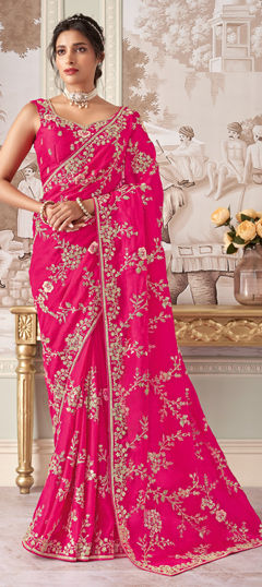 Pink and Majenta color Saree in Silk fabric with Embroidered, Sequence, Zari work