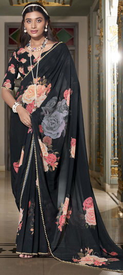 Black and Grey color Saree in Georgette fabric with Printed work