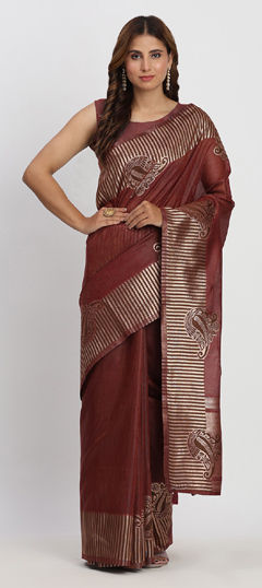 Beige and Brown color Saree in Cotton fabric with Weaving work