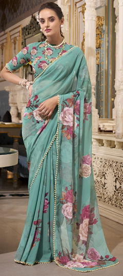 Green color Saree in Georgette fabric with Floral, Lace, Printed work
