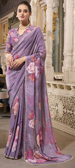 Black and Grey color Saree in Georgette fabric with Floral, Lace, Printed work