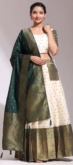Green, White and Off White color Lehenga in Silk fabric with Weaving work
