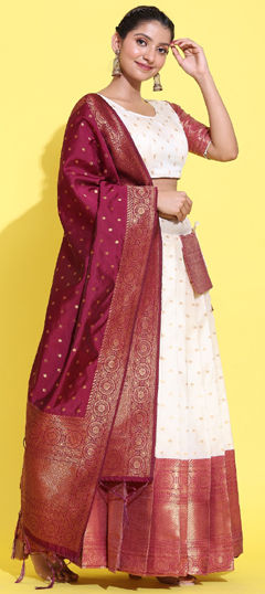 Pink and Majenta, White and Off White color Lehenga in Silk fabric with Weaving work