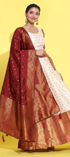 Red and Maroon, White and Off White color Lehenga in Silk fabric with Weaving work