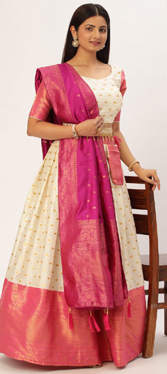 Pink and Majenta, White and Off White color Lehenga in Silk fabric with Weaving work