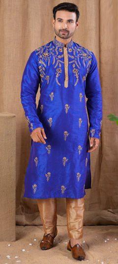 Blue color Kurta Pyjamas in Art Silk fabric with Embroidered, Stone, Zari work