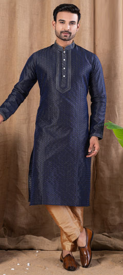 Blue color Kurta Pyjamas in Jacquard fabric with Thread, Weaving work