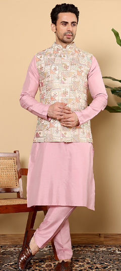 Pink and Majenta color Kurta Pyjama with Jacket in Dupion Silk, Viscose fabric with Printed work