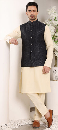 Beige and Brown color Kurta Pyjama with Jacket in Rayon fabric with Printed work
