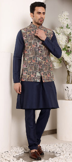 Blue color Kurta Pyjama with Jacket in Dupion Silk, Viscose fabric with Printed work