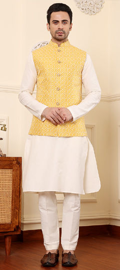 White and Off White color Kurta Pyjama with Jacket in Rayon fabric with Printed work