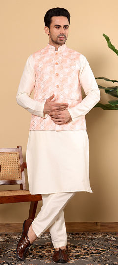 White and Off White color Kurta Pyjama with Jacket in Rayon fabric with Printed work