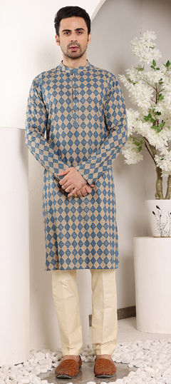 Blue color Kurta Pyjamas in Cotton fabric with Printed work