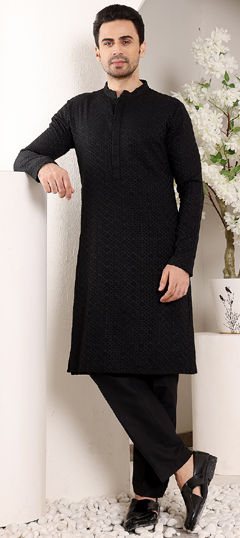 Black and Grey color Kurta Pyjamas in Rayon fabric with Embroidered work
