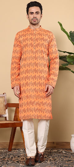 Orange color Kurta Pyjamas in Cotton fabric with Printed work