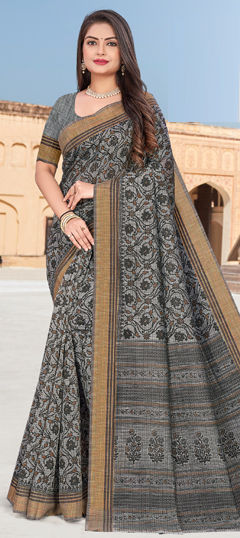 Black and Grey color Saree in Cotton fabric with Printed work