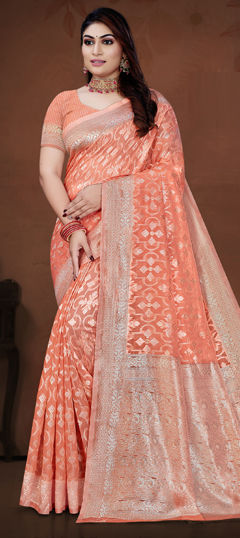 Orange color Saree in Cotton fabric with Weaving work